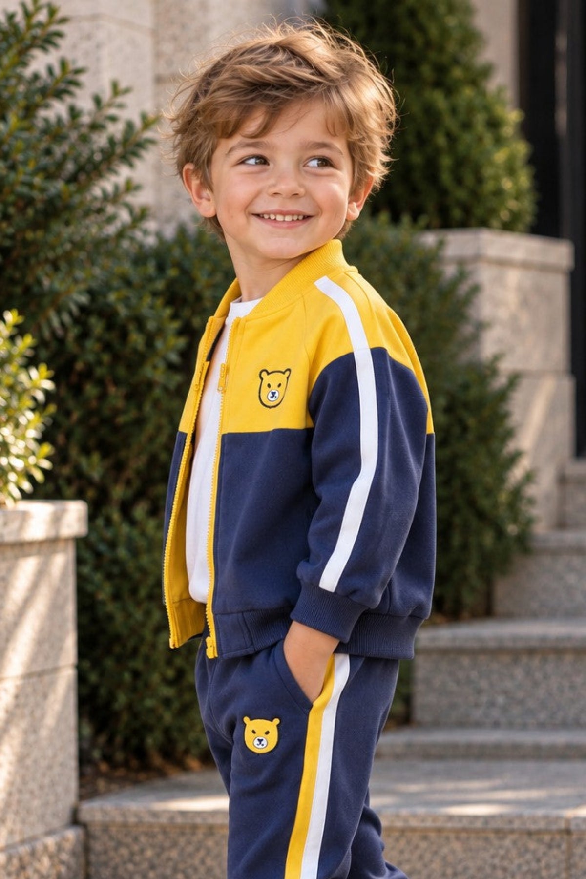 A young boy wearing a navy blue and yellow two-piece tracksuit with white stripes and white sneakers, standing on stone steps outdoors.
