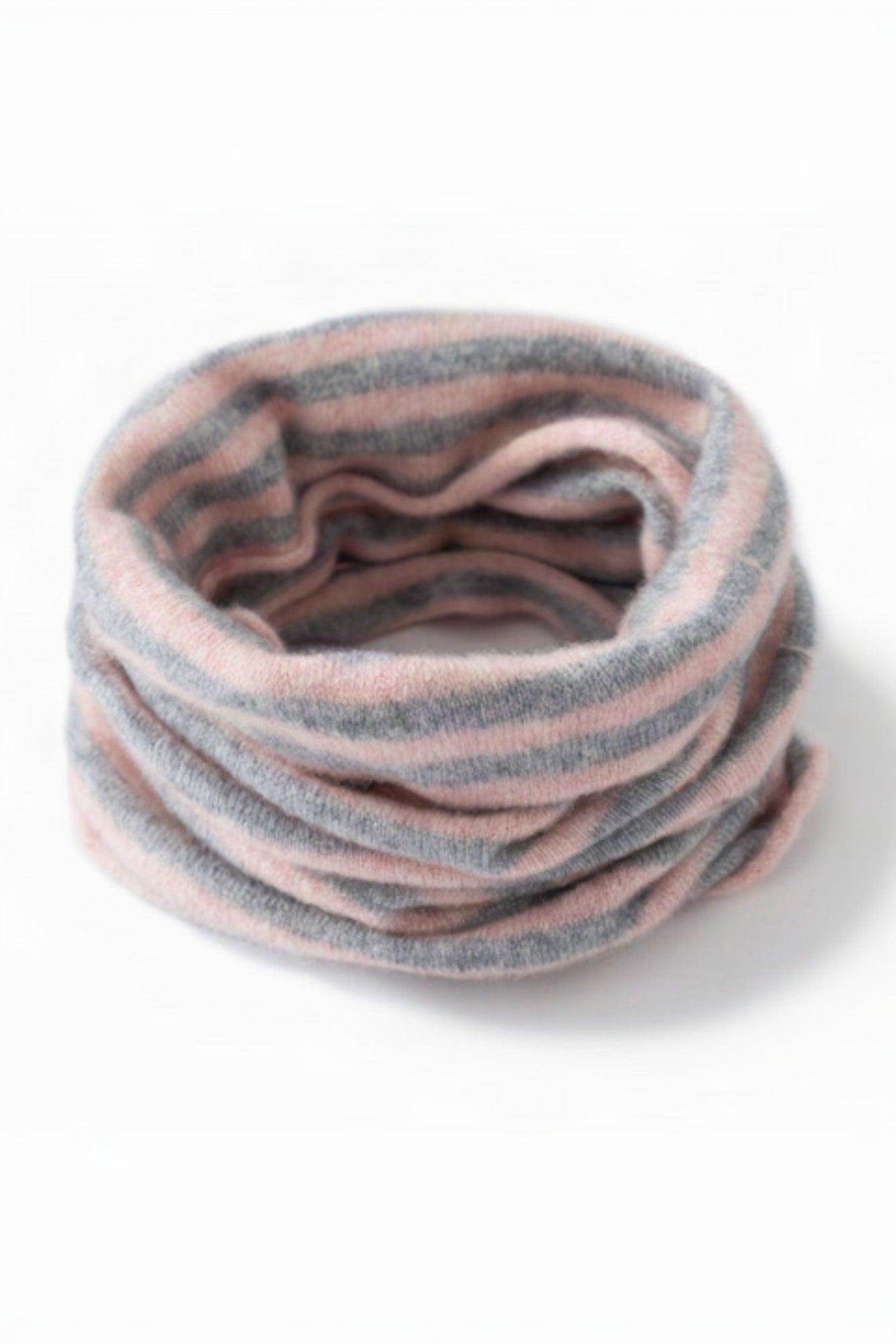 Pink and gray striped neck warmer on a white background