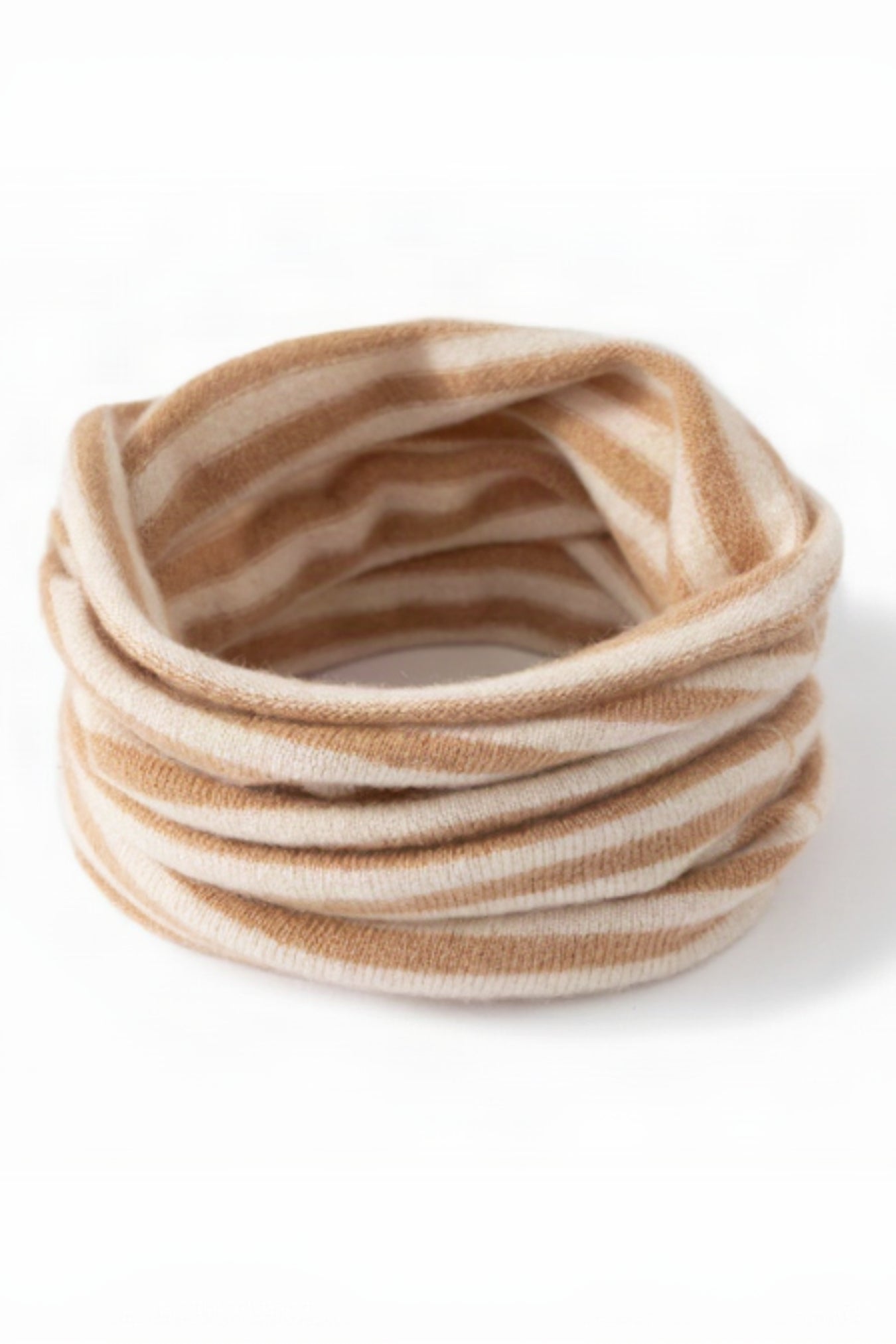 Striped beige and brown neck warmer on a white background