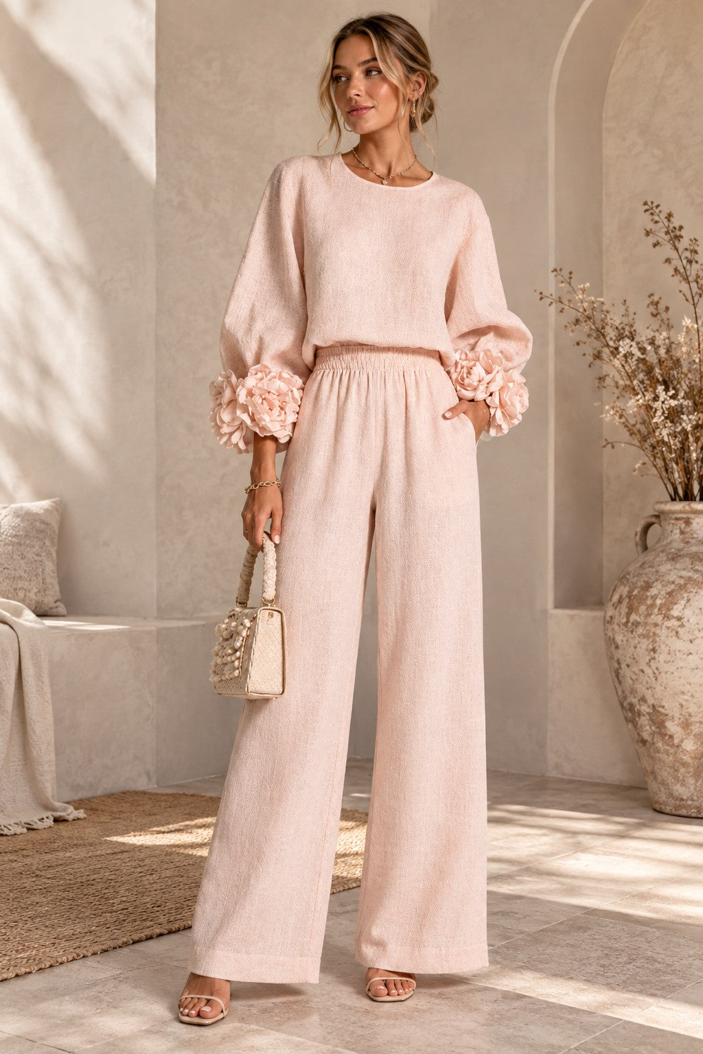 A woman models a light pink two-piece lounge set consisting of a long-sleeve crewneck top with ruffled cuffs and matching high-waisted wide-leg trousers, styled in a warm, sunlit neutral interior.