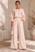 Women's Floral Cuff Wide-Leg Pants Set – Long Sleeve Top and High-Waist Trouser Two-Piece Outfit for Casual & Dressy Wear