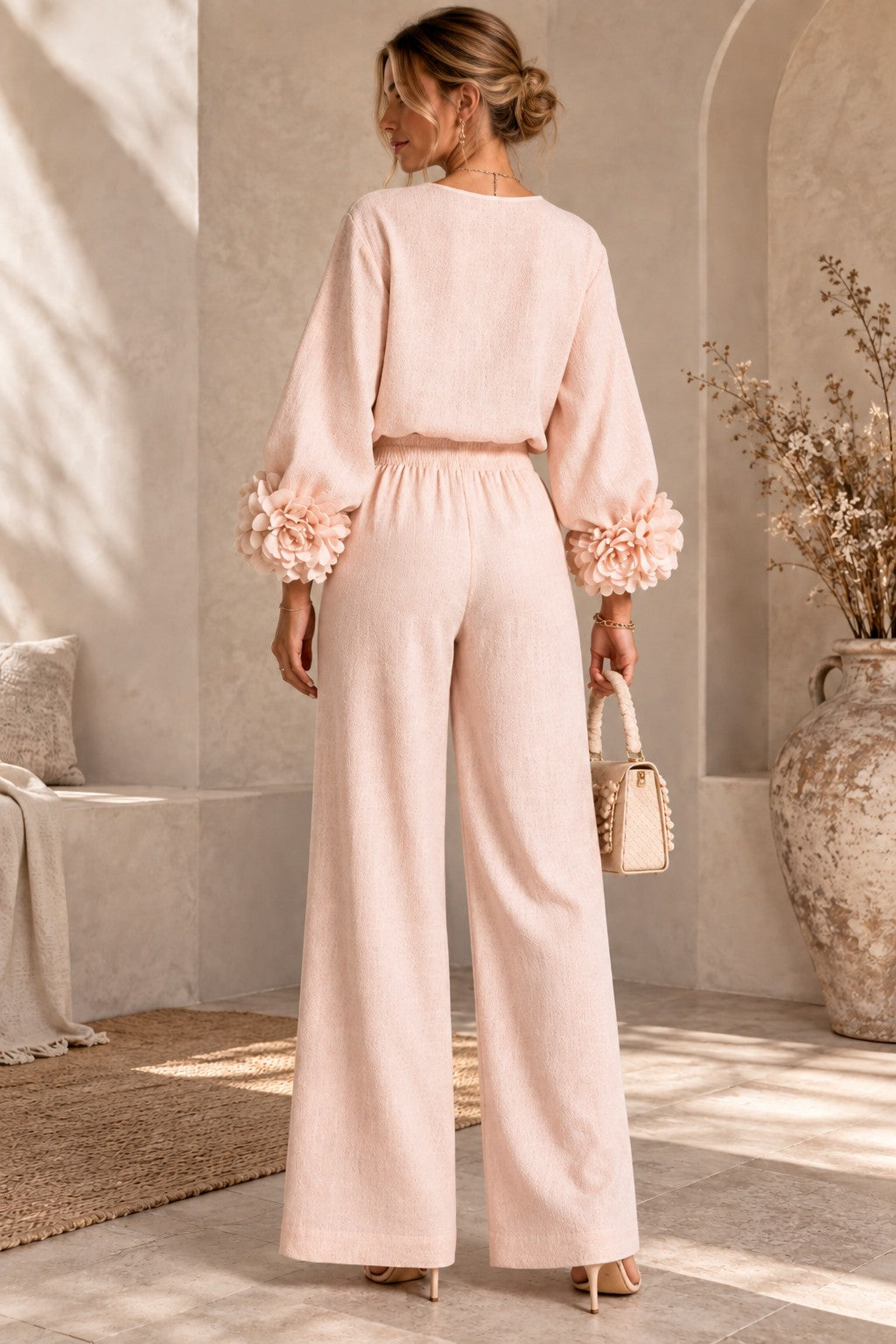 Women's Floral Cuff Wide-Leg Pants Set – Long Sleeve Top and High-Waist Trouser Two-Piece Outfit for Casual & Dressy Wear