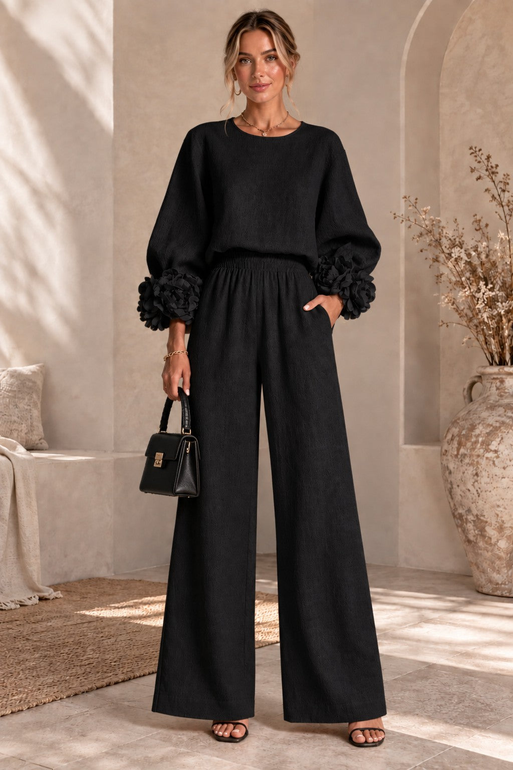 Women's Floral Cuff Wide-Leg Pants Set – Long Sleeve Top and High-Waist Trouser Two-Piece Outfit for Casual & Dressy Wear