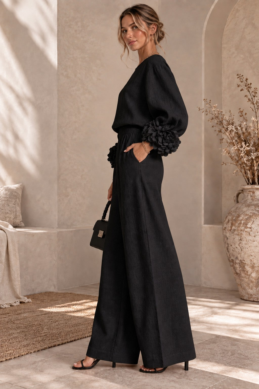 Women's Floral Cuff Wide-Leg Pants Set – Long Sleeve Top and High-Waist Trouser Two-Piece Outfit for Casual & Dressy Wear
