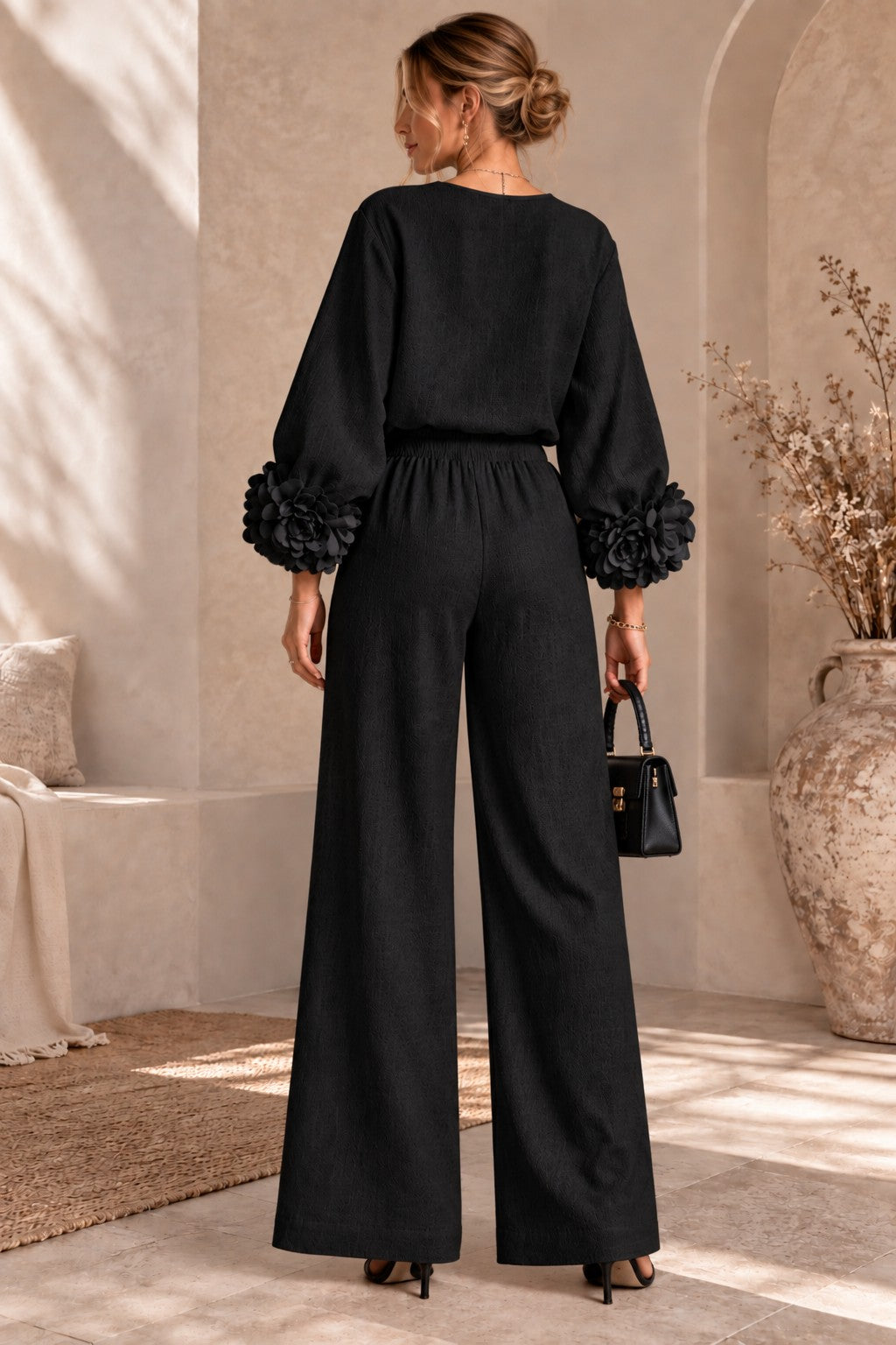 Women's Floral Cuff Wide-Leg Pants Set – Long Sleeve Top and High-Waist Trouser Two-Piece Outfit for Casual & Dressy Wear