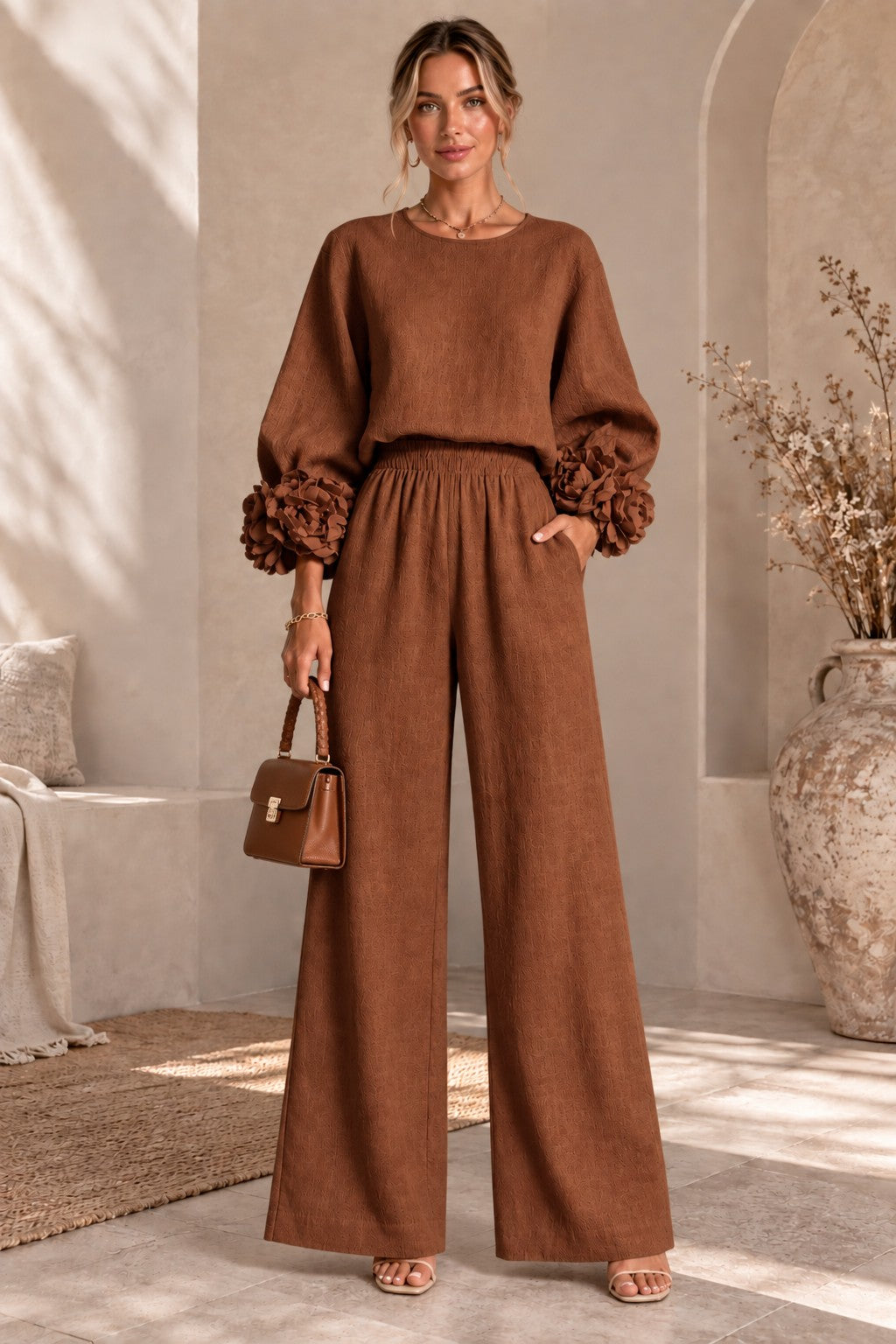 Women's Floral Cuff Wide-Leg Pants Set – Long Sleeve Top and High-Waist Trouser Two-Piece Outfit for Casual & Dressy Wear
