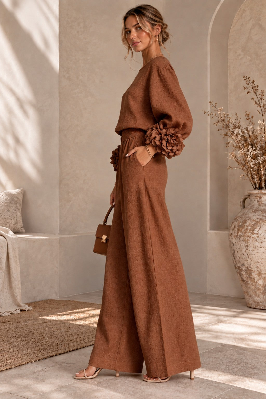 Women's Floral Cuff Wide-Leg Pants Set – Long Sleeve Top and High-Waist Trouser Two-Piece Outfit for Casual & Dressy Wear