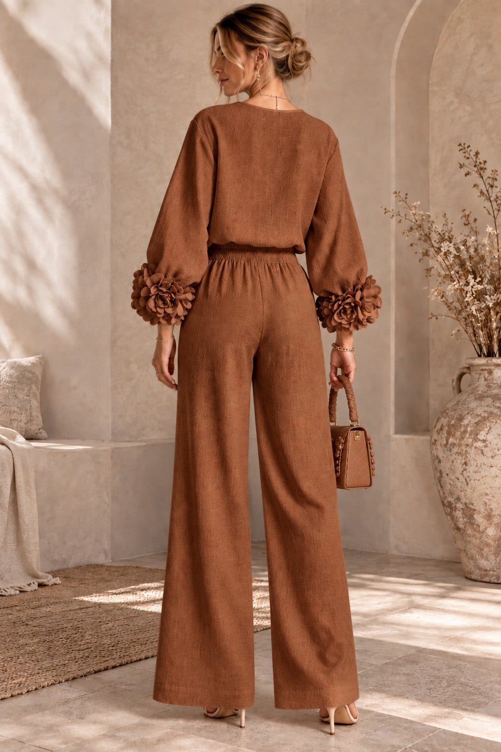 Women's Floral Cuff Wide-Leg Pants Set – Long Sleeve Top and High-Waist Trouser Two-Piece Outfit for Casual & Dressy Wear