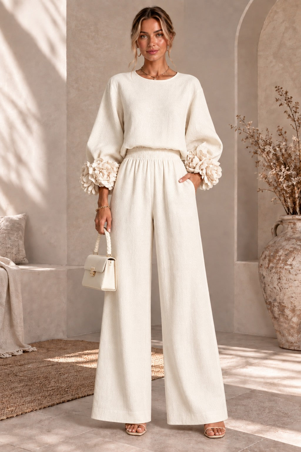 Women's Floral Cuff Wide-Leg Pants Set – Long Sleeve Top and High-Waist Trouser Two-Piece Outfit for Casual & Dressy Wear