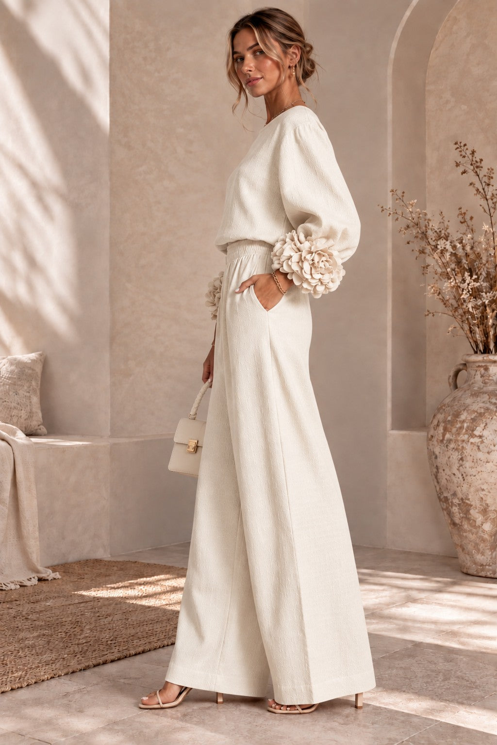 Women's Floral Cuff Wide-Leg Pants Set – Long Sleeve Top and High-Waist Trouser Two-Piece Outfit for Casual & Dressy Wear