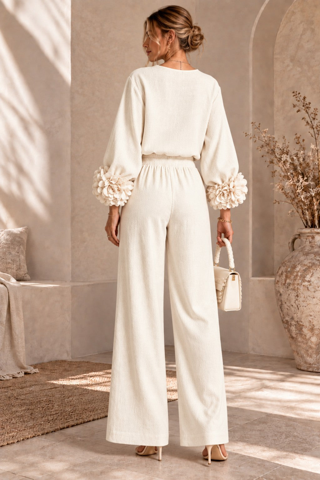 Women's Floral Cuff Wide-Leg Pants Set – Long Sleeve Top and High-Waist Trouser Two-Piece Outfit for Casual & Dressy Wear