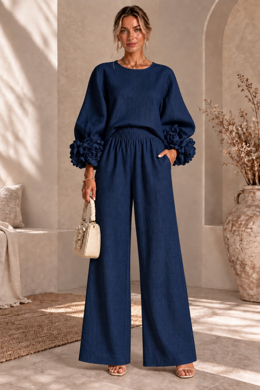 Women's Floral Cuff Wide-Leg Pants Set – Long Sleeve Top and High-Waist Trouser Two-Piece Outfit for Casual & Dressy Wear