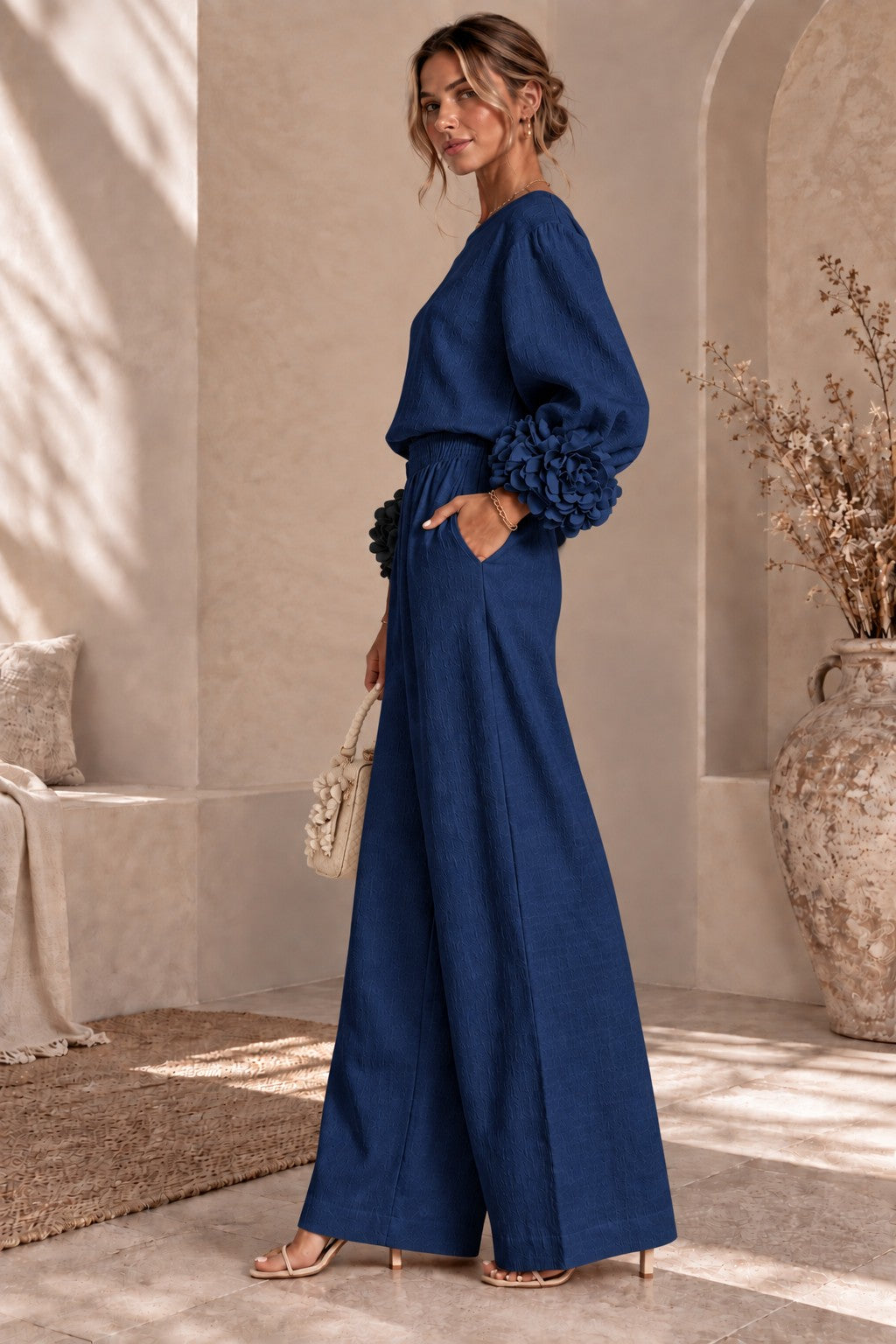 Women's Floral Cuff Wide-Leg Pants Set – Long Sleeve Top and High-Waist Trouser Two-Piece Outfit for Casual & Dressy Wear