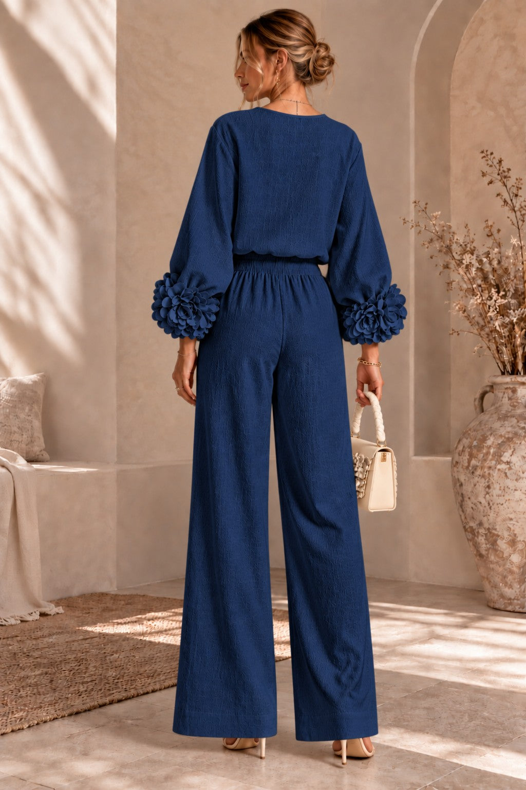 Women's Floral Cuff Wide-Leg Pants Set – Long Sleeve Top and High-Waist Trouser Two-Piece Outfit for Casual & Dressy Wear