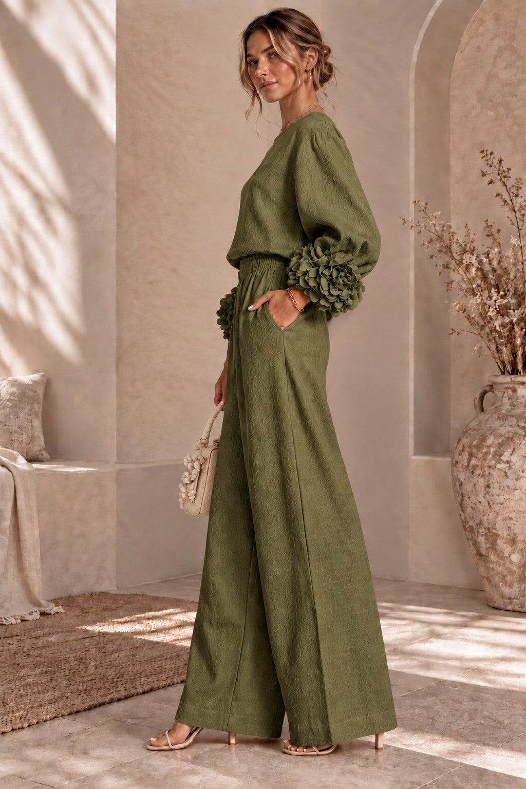 Women's Floral Cuff Wide-Leg Pants Set – Long Sleeve Top and High-Waist Trouser Two-Piece Outfit for Casual & Dressy Wear