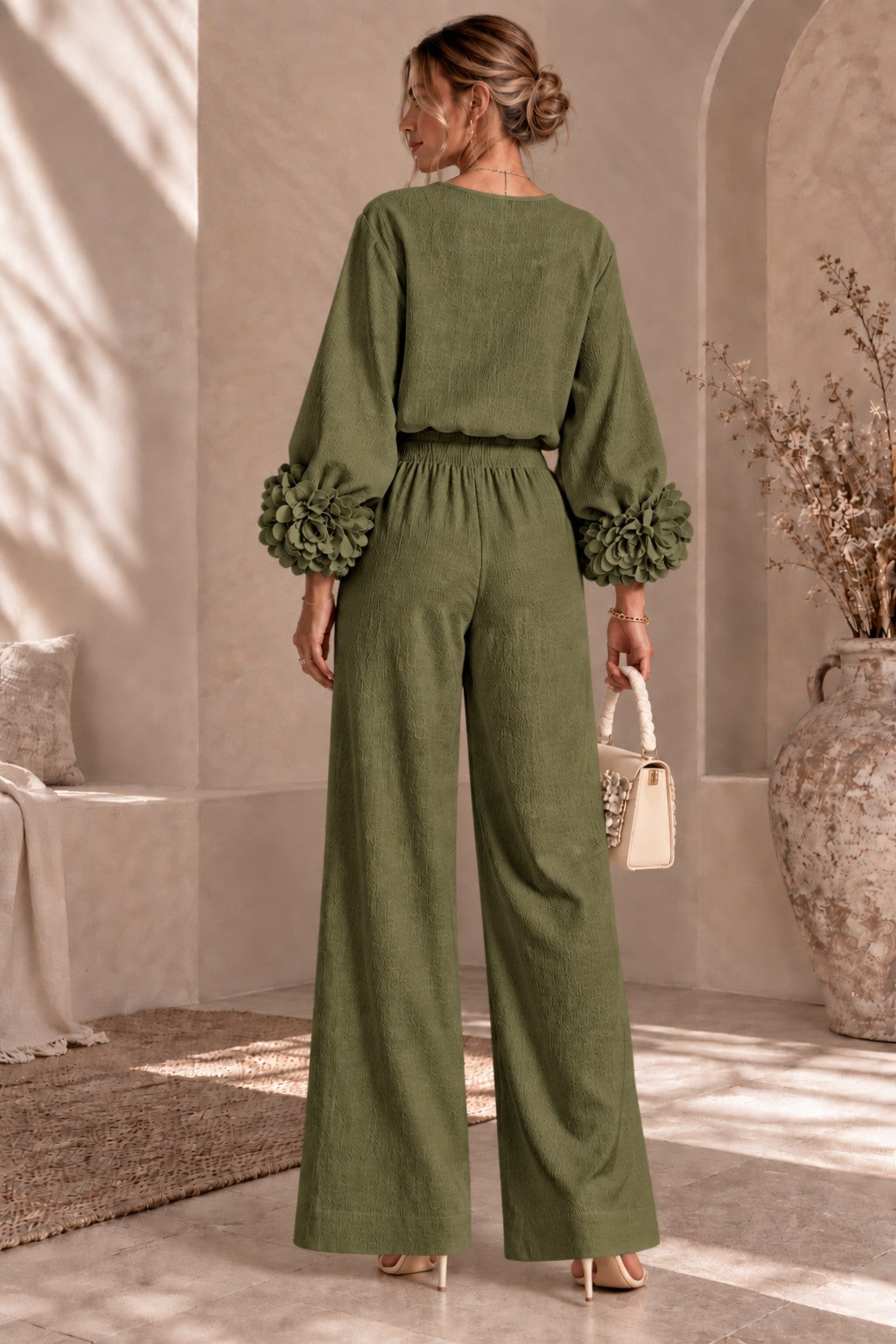 Women's Floral Cuff Wide-Leg Pants Set – Long Sleeve Top and High-Waist Trouser Two-Piece Outfit for Casual & Dressy Wear