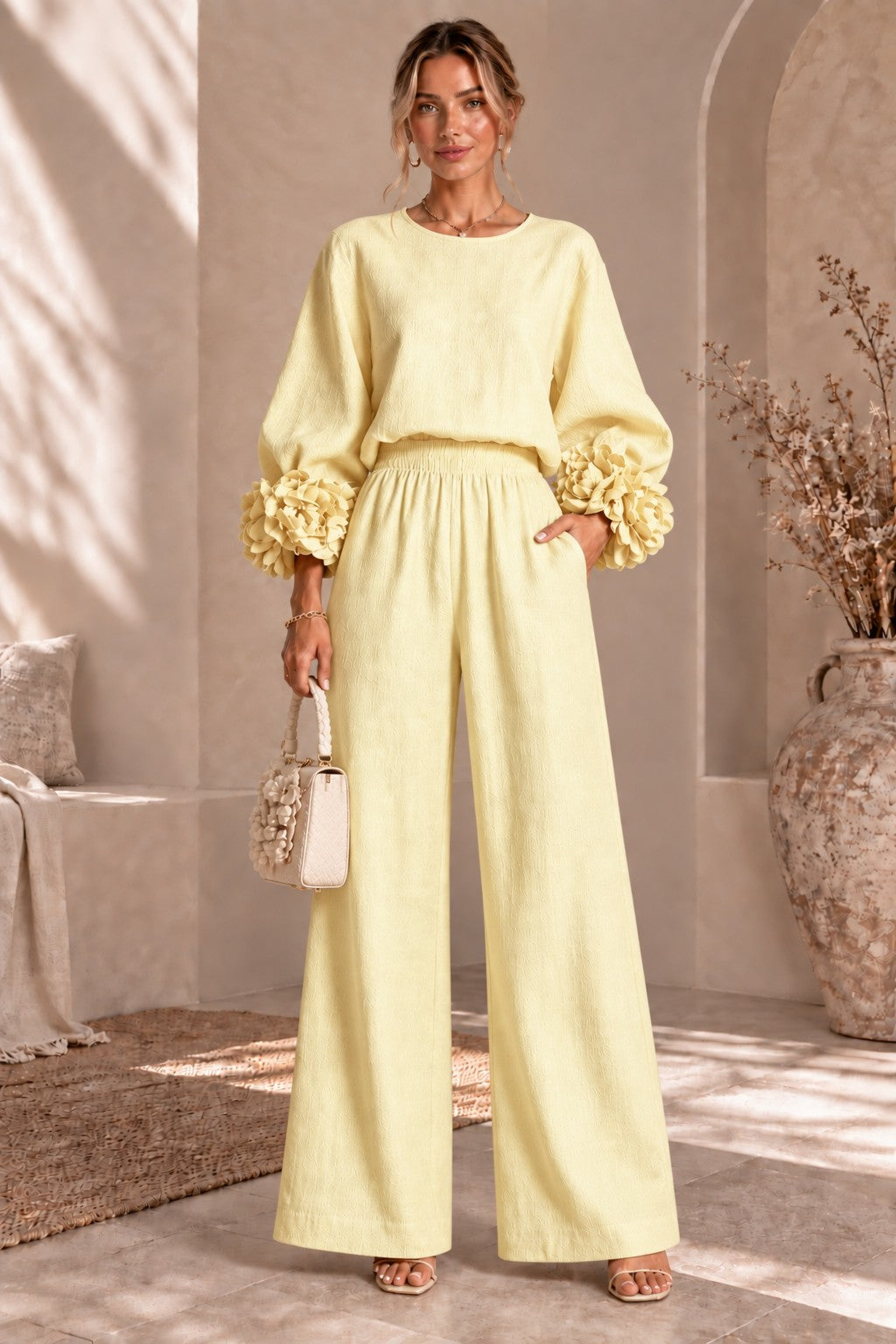 Women's Floral Cuff Wide-Leg Pants Set – Long Sleeve Top and High-Waist Trouser Two-Piece Outfit for Casual & Dressy Wear