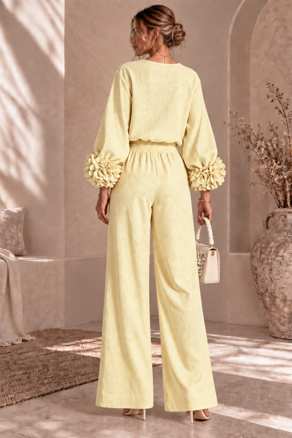 Women's Floral Cuff Wide-Leg Pants Set – Long Sleeve Top and High-Waist Trouser Two-Piece Outfit for Casual & Dressy Wear