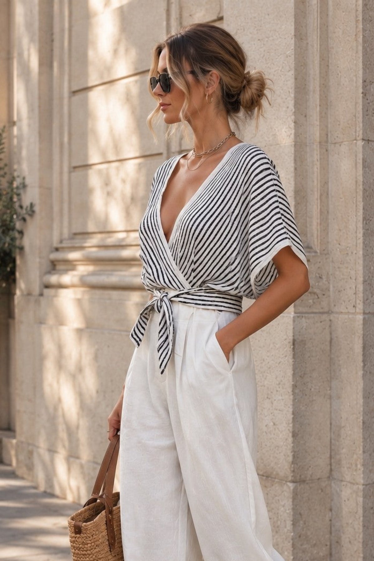 Women's Black & White Striped Wrap Front Cropped Top – Deep V-Neck Tie Waist Batwing Sleeve Slim-Fit Casual Shirt