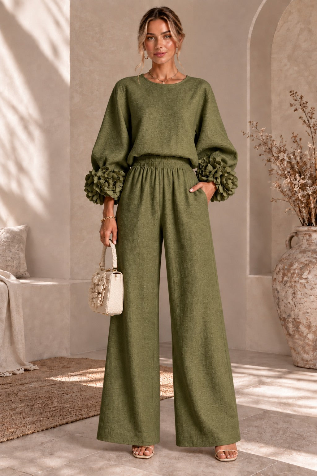 Women's Floral Cuff Wide-Leg Pants Set – Long Sleeve Top and High-Waist Trouser Two-Piece Outfit for Casual & Dressy Wear
