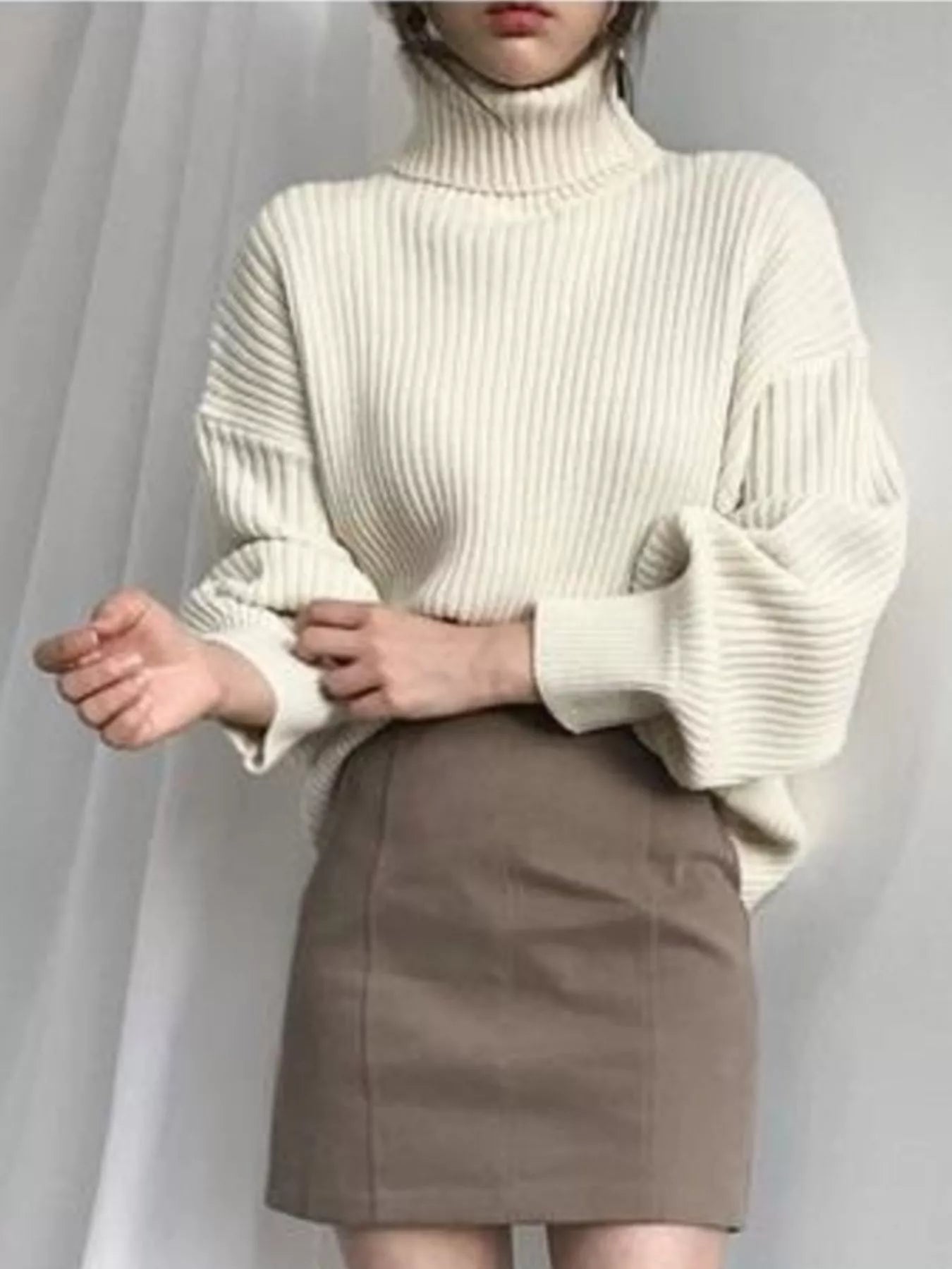 Cream Full Size Ribbed Knit Oversized Turtleneck Sweater