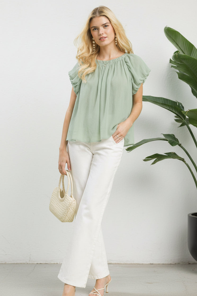 Crinkle Flutter Sleeve Peasant Top
