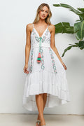 Woman wearing a white dress with floral embroidery against a white background
