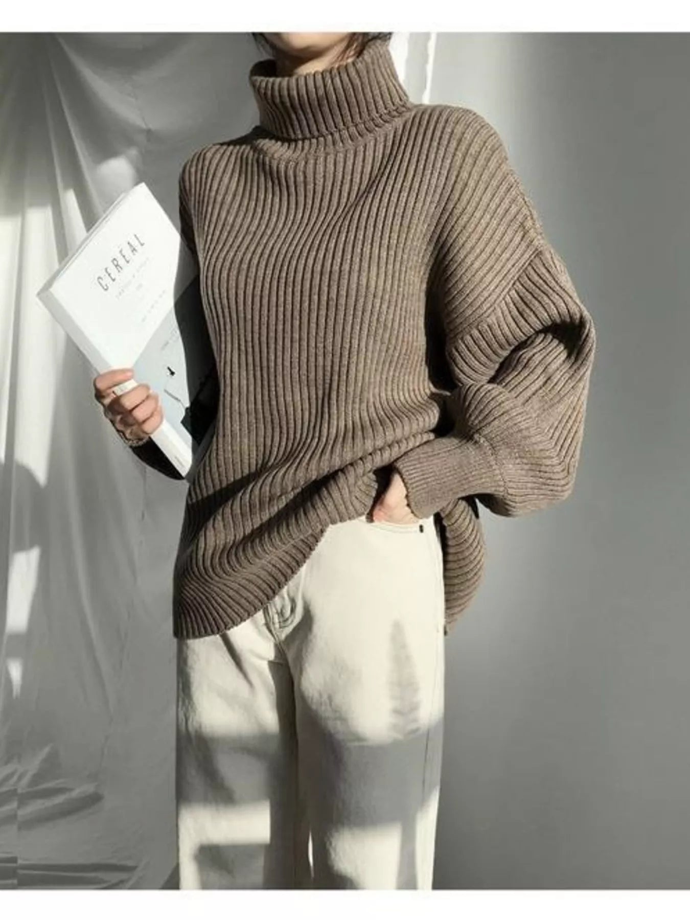 Full Size Ribbed Knit Oversized Turtleneck Sweater