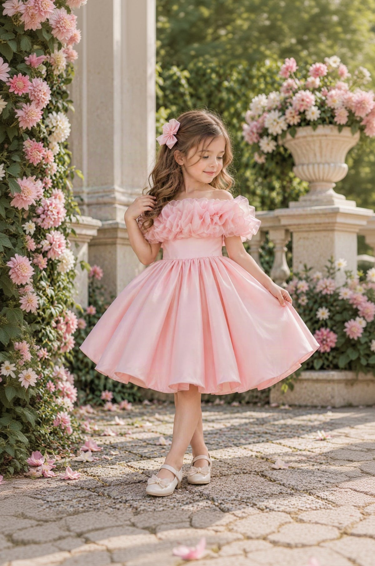 A young girl wearing a light pink off-the-shoulder ruffle dress with a full skirt, standing in a garden courtyard with stone columns and pink flowers.
