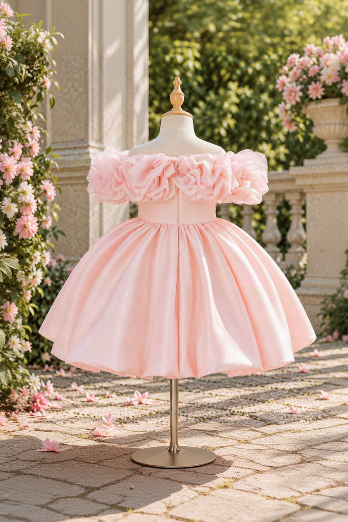 A light pink off-the-shoulder flower girl dress with a ruffled bodice and full tulle skirt, displayed on a mannequin in an outdoor garden setting with stone columns and pink flowers.