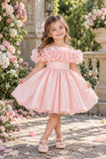 A young girl stands outdoors in a garden wearing a light pink off-the-shoulder party dress with ruffled sleeves and a full skirt, paired with pale pink shoes.