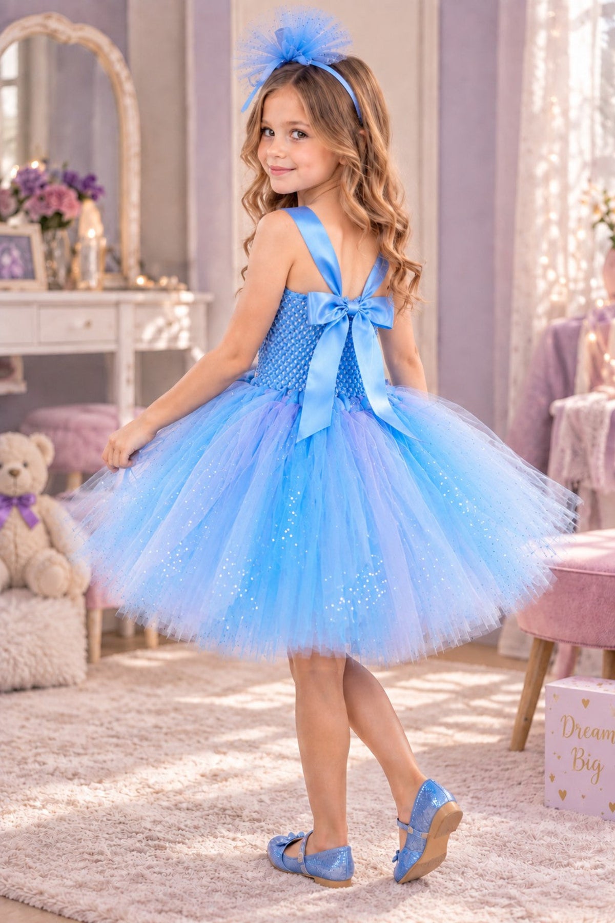 A young girl wearing a sparkly light blue tutu dress with a large blue bow at the back, blue shoes, and a matching blue headband, standing in a pink and purple decorated room.