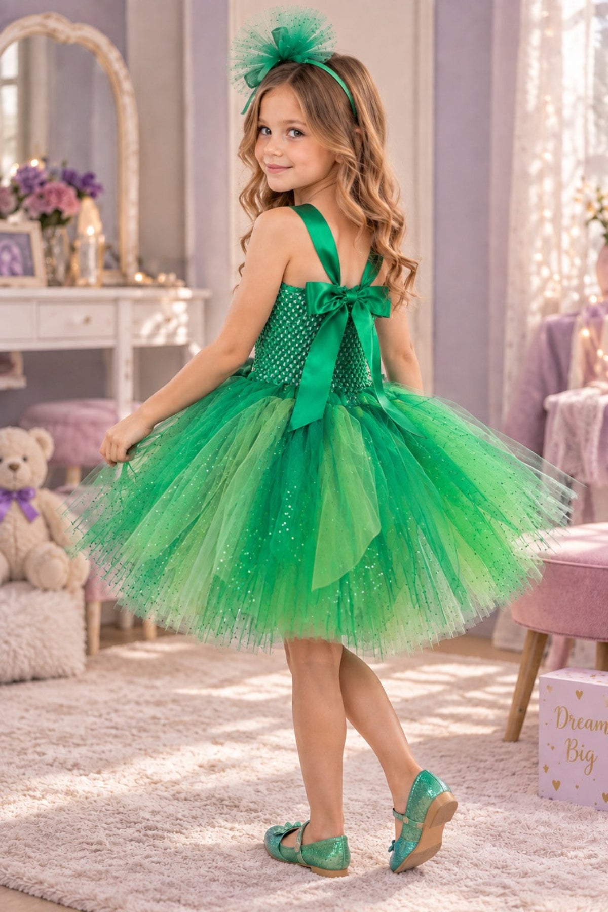 A young girl wearing a sparkly green sequin dress with a large green bow at the back, a matching green headband, and green shoes, standing in a decorated room.
