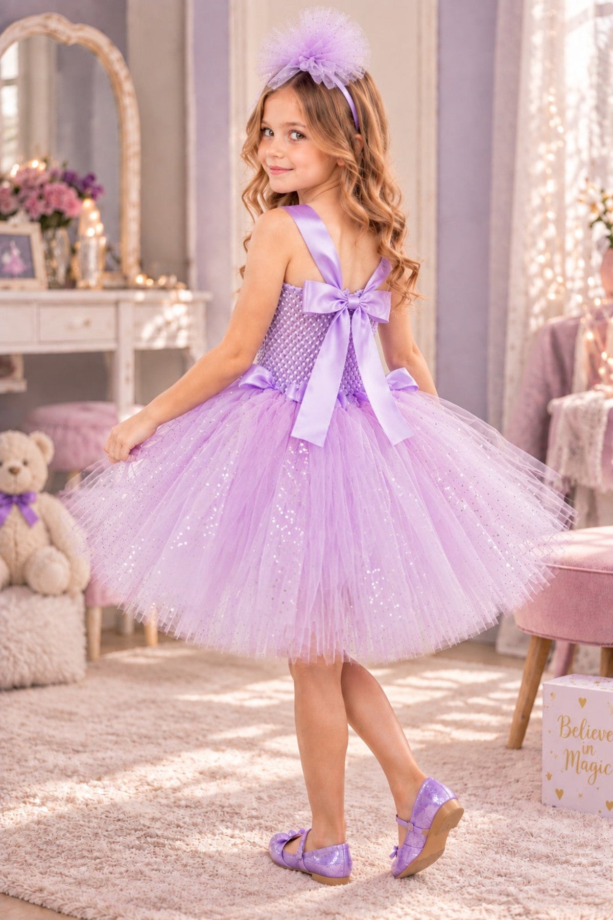 A young girl wearing a lavender purple tutu dress with a sequined bodice, a large bow at the back, and a matching purple headband, standing in a decorated children's room.