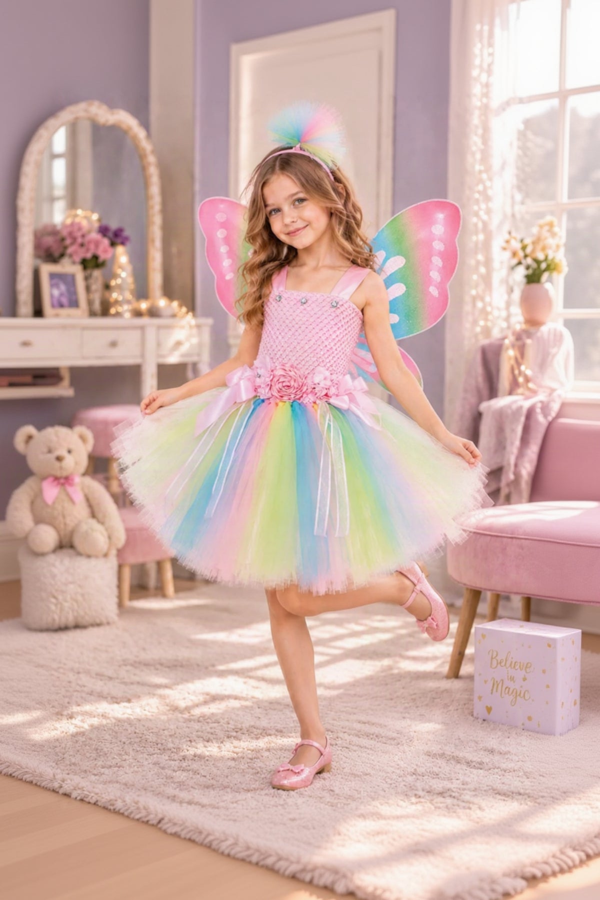 A young girl wearing a pink fairy costume with a rainbow tulle skirt, pink wings, and a matching headband, posing in a decorated pink bedroom.