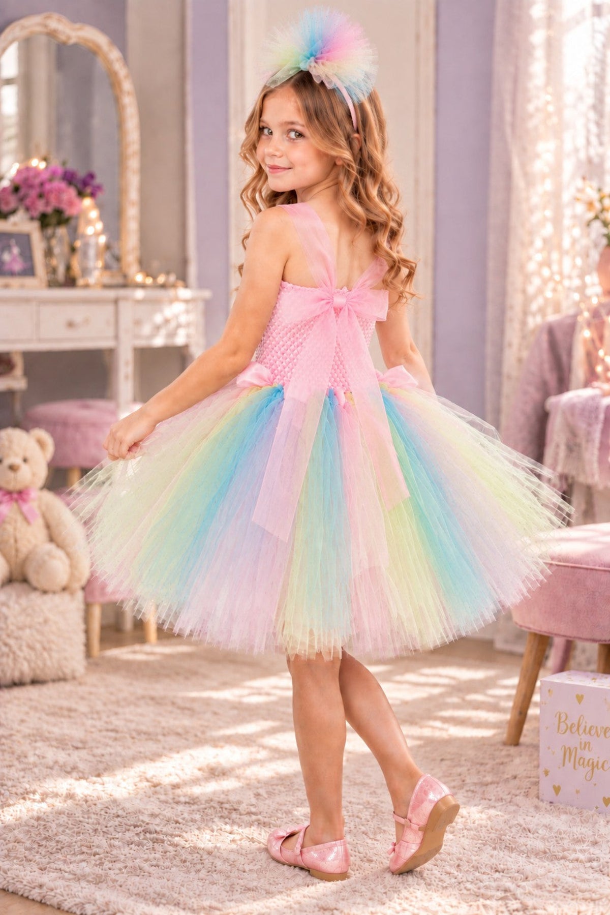 A young girl wearing a pink and pastel rainbow tutu dress with a matching headband, standing in a decorated children's room.