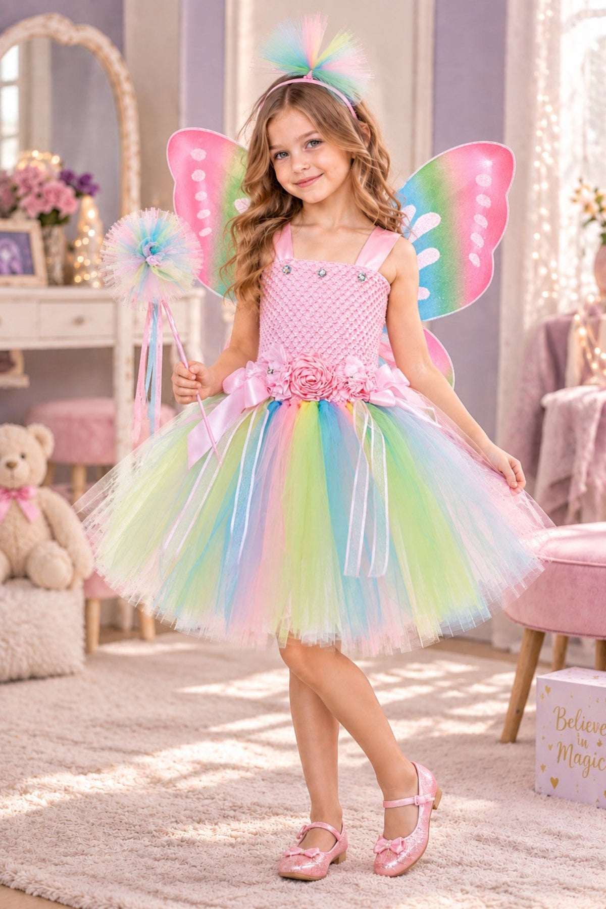 A young girl models a pink fairy costume with a rainbow tulle skirt, pink wings, and a matching wand in a decorated children's room.
