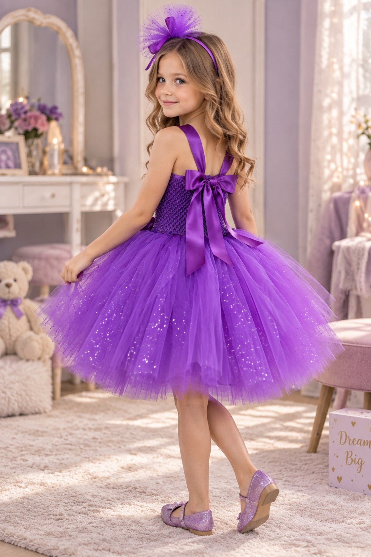 A young girl wearing a sparkly purple party dress with a large bow on the back, a matching purple headband, and purple flats, standing in a decorated children's room.
