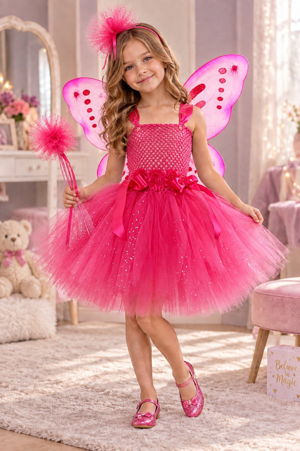 A young girl modeling a bright pink fairy costume in a decorated pink room. The costume includes a sparkly pink bodice, a voluminous tulle skirt, matching pink wings, a pink headband with a feather, and a wand.