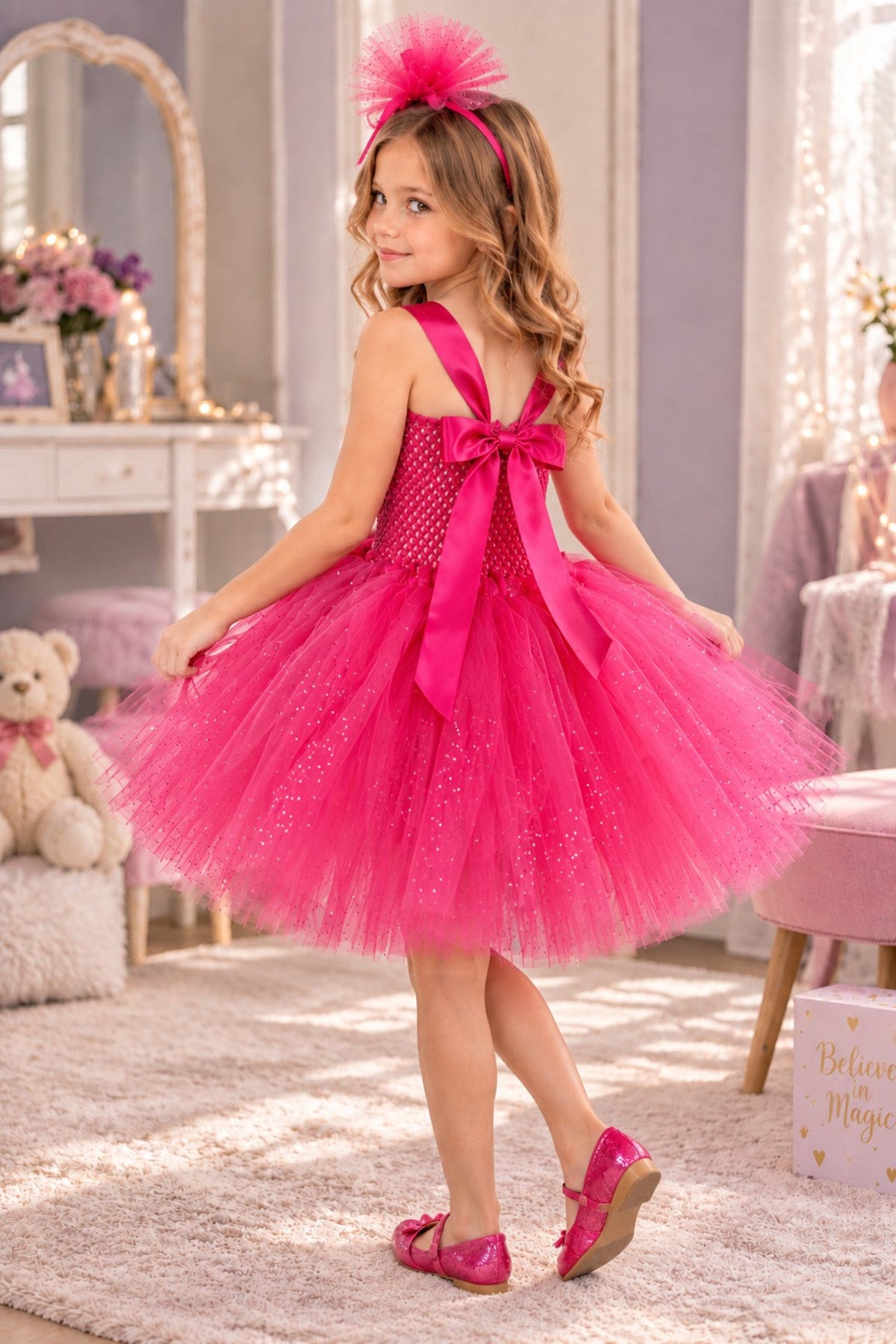 A young girl wearing a bright pink sparkly tutu dress with a large bow on the back, a matching pink headband with a fluffy bow, and pink shoes, standing in a decorated pink room.