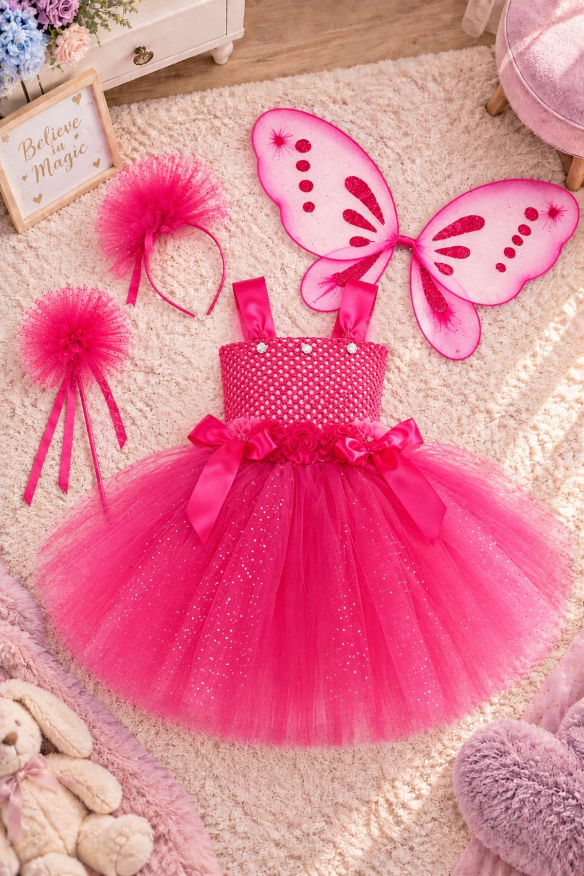 A bright pink toddler fairy costume set laid out on a cream rug, including a sparkly tulle dress with a polka-dot bodice, matching headband, fluffy pom-pom headband, wand, and butterfly wings.