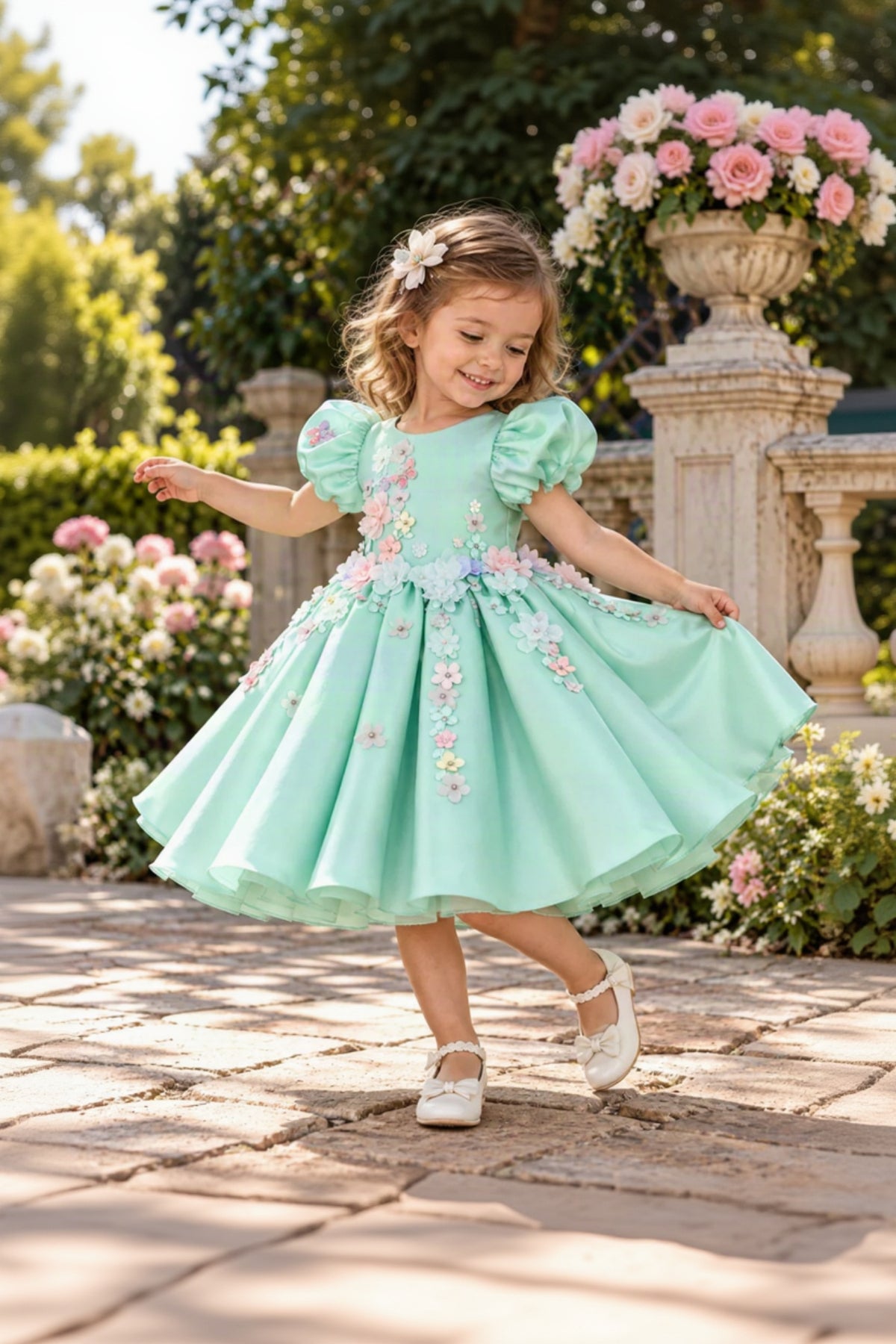 A young girl twirling in a mint green dress with 3D floral appliqués, set in a garden courtyard.