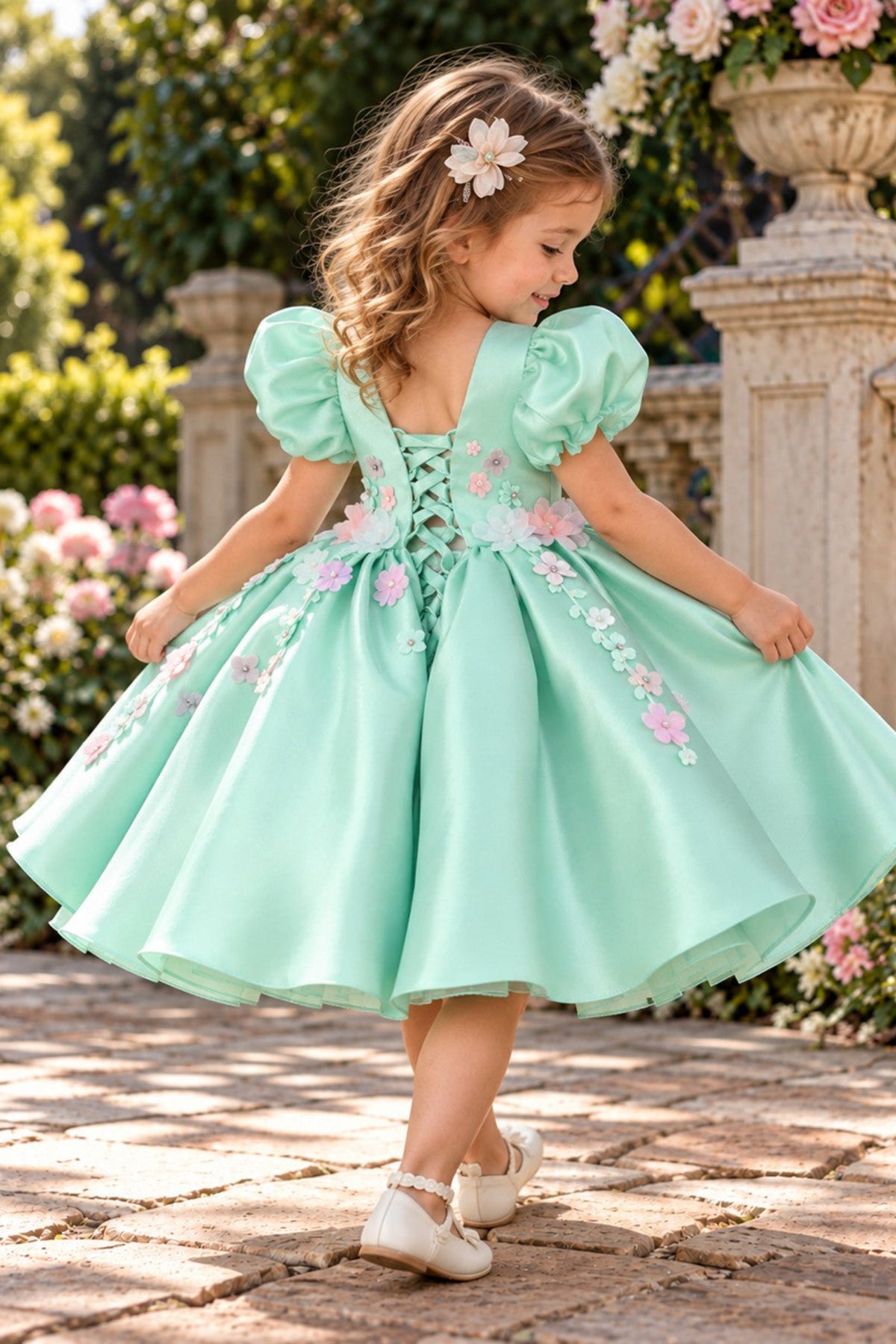 A young girl wearing a mint green formal dress with puff sleeves, a lace-up back, and pink floral embroidery, standing on a stone path in a garden.