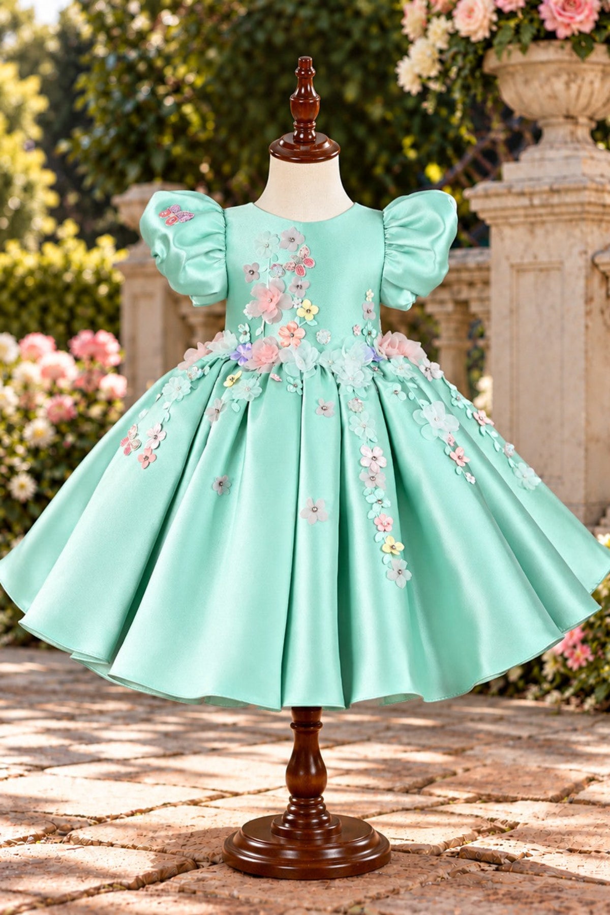 A mint green toddler girl's party dress displayed on a wooden dress form mannequin in an outdoor garden setting. The dress features puffy short sleeves, a round neckline, a flared pleated skirt, and colorful floral embroidery with 3D flower appliqués in pink, yellow, and blue.