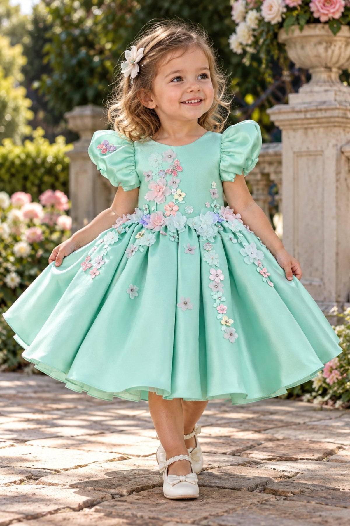 A young girl with blonde hair wearing a mint green dress with colorful floral embroidery and puff sleeves, standing on a stone path in a garden.