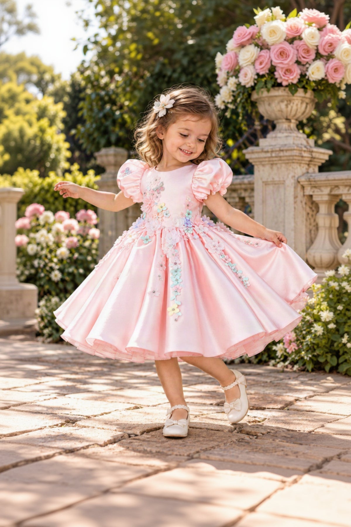 A young girl twirling in a light pink satin dress with puffed sleeves and colorful floral embroidery, standing on a stone path in a garden.