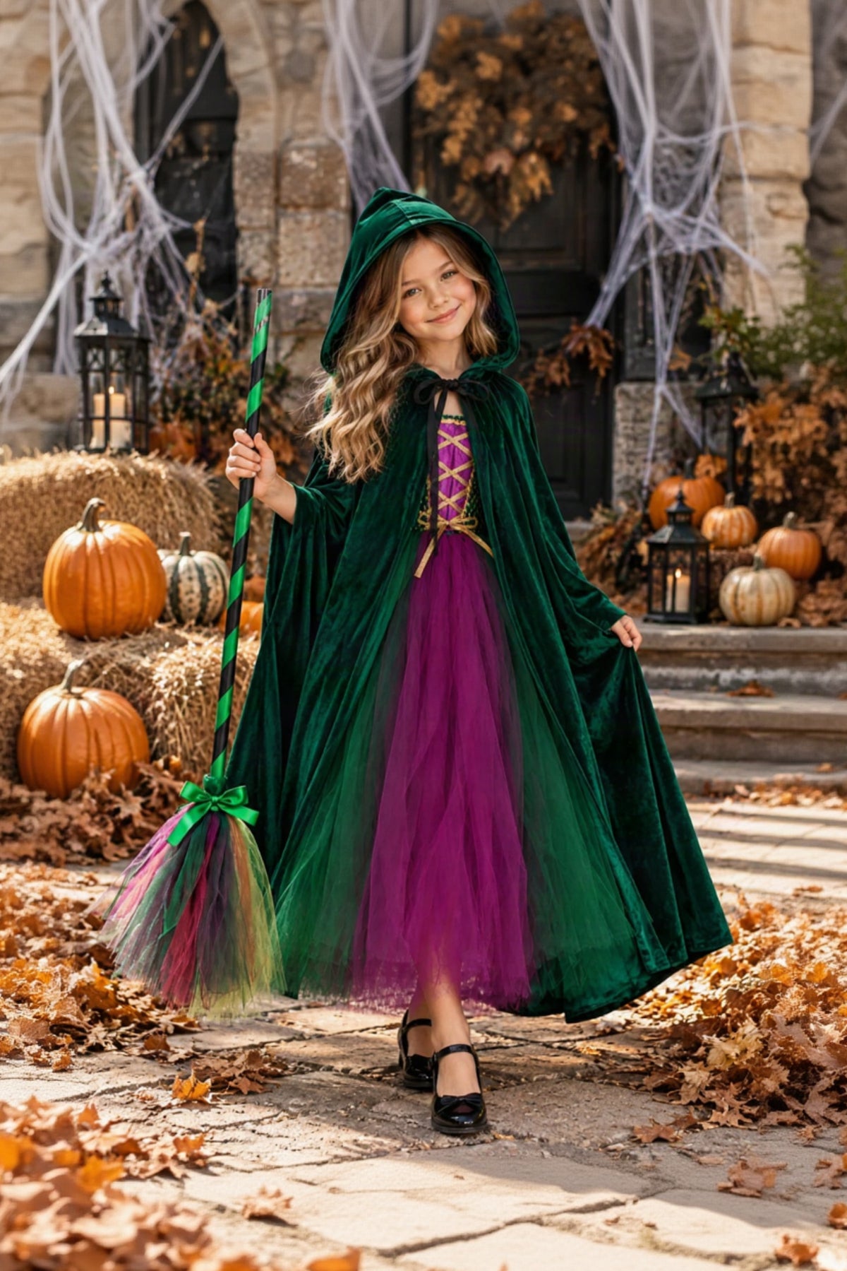 A young girl models a Halloween witch costume consisting of a deep green velvet hooded cape and a purple tulle dress, holding a green and multicolor broomstick in front of a decorated autumn stone house.