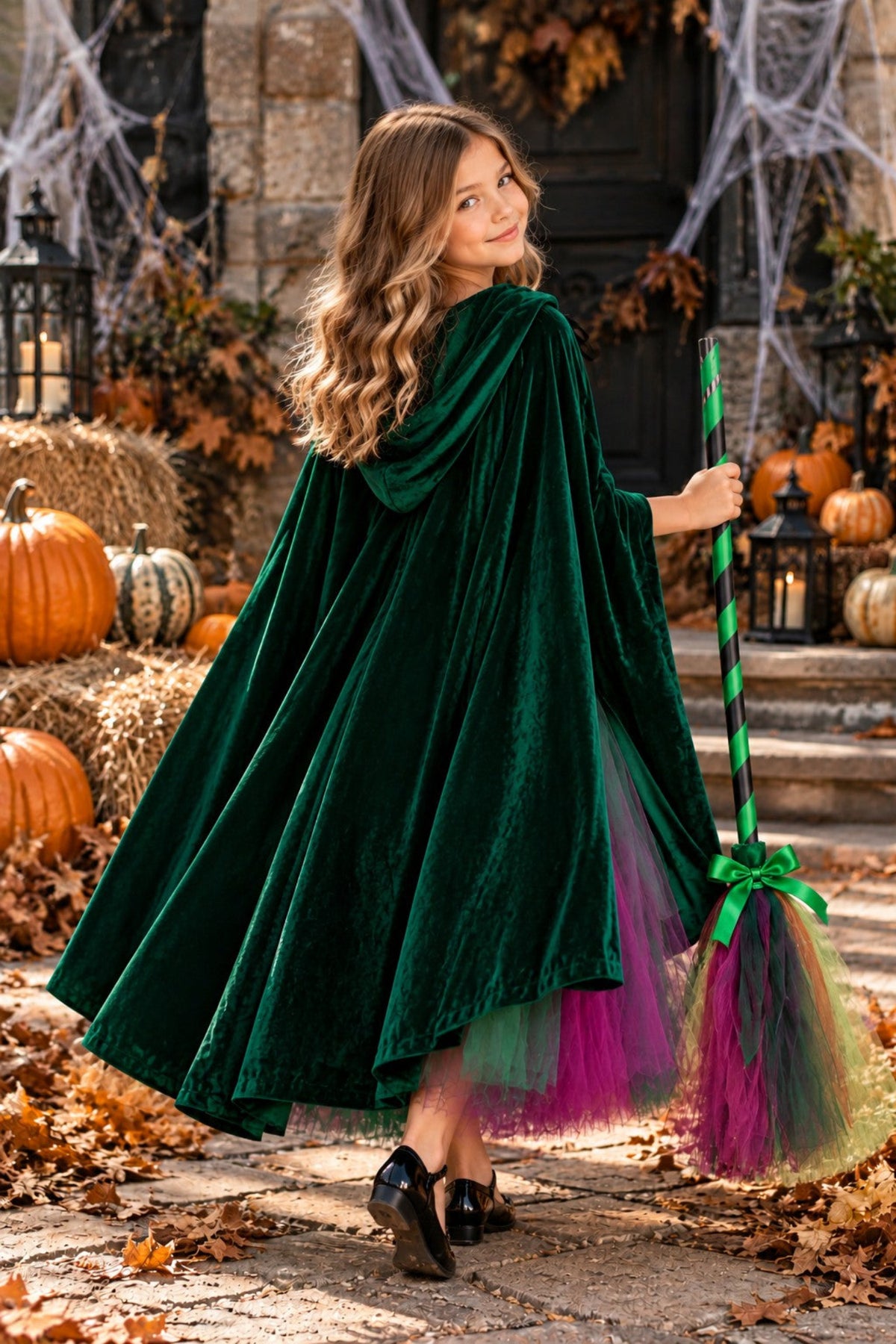 A woman modeling a dark green velvet cape with a tulle hem in shades of green, pink, and purple, holding a witch broom in a Halloween-themed outdoor setting with pumpkins and cobwebs.