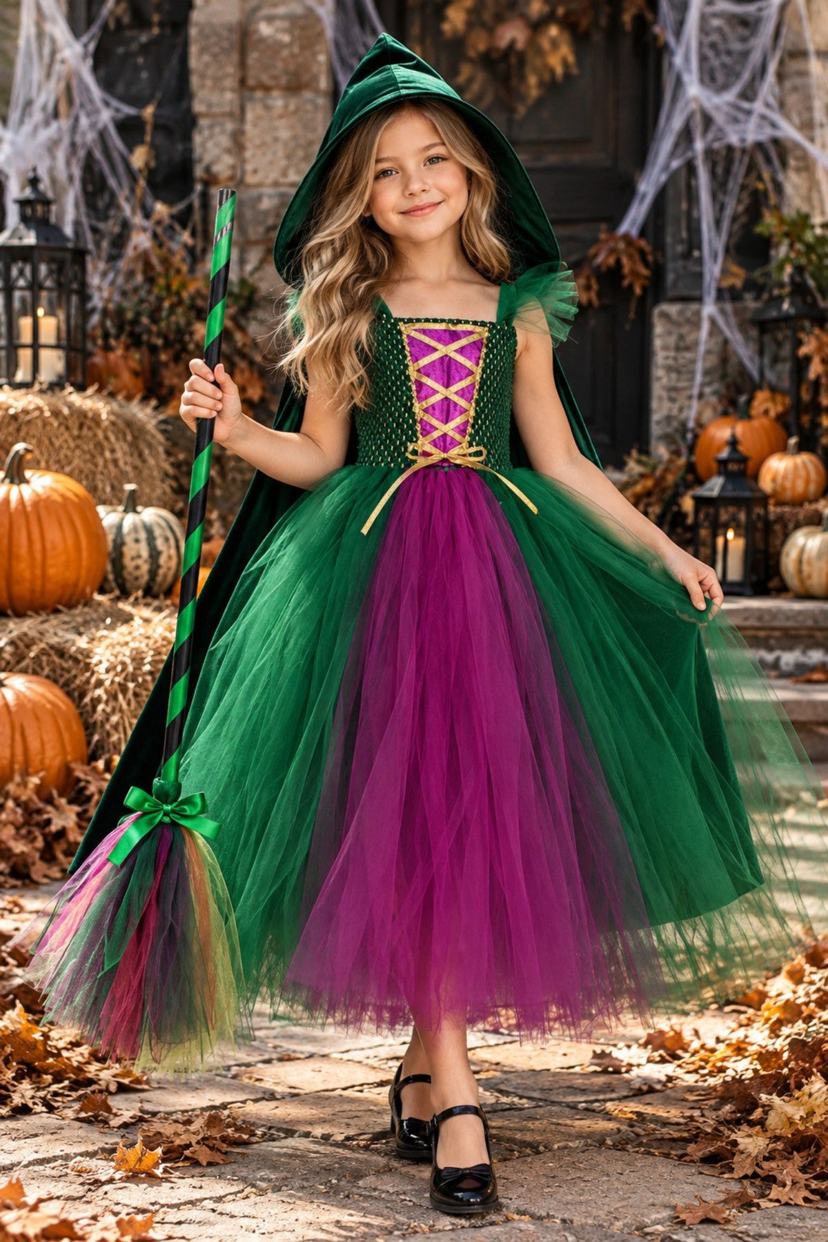 A young girl wearing a green and purple witch costume with a matching pointed green hat, holding a broomstick in a Halloween-themed outdoor setting with pumpkins, hay bales, and cobwebs.