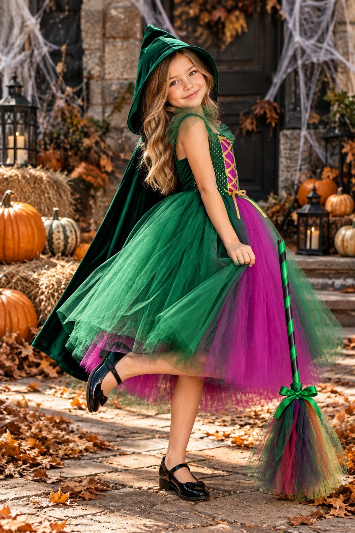 A young girl wearing a green witch costume with a matching pointed hat, dark green cape, and a layered tulle dress in green and magenta, holding a broom with a green and multicolor bristle. She is posing outdoors in a decorated autumn setting with pumpkins, hay bales, and cobwebs.